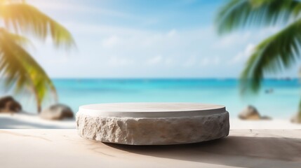 Generative AI : Summer sand and tropical sea background with abstract stone podium