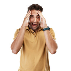 Face, scared and shocked man for mistake, fail and crisis anxiety isolated on transparent png...