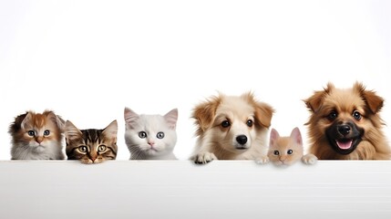 Generative AI : Row of the tops of heads of cats and dogs with paws up, peeking over a blank white sign. Sized for web banner or social media cover