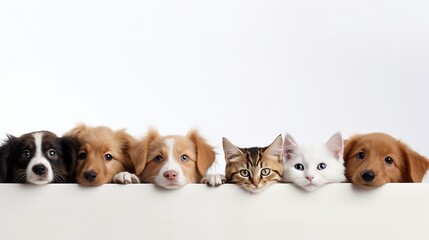 Generative AI : Row of the tops of heads of cats and dogs with paws up, peeking over a blank white sign. Sized for web banner or social media cover