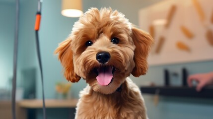 Generative AI : Professional groomer cut fur with scissors and clipper at the little smile dog labradoodle. Funny dog sitting at the grooming salon or vet clinic and looked trustingly