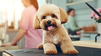 Generative AI : Professional groomer cut fur with scissors and clipper at the little smile dog labradoodle. Funny dog sitting at the grooming salon or vet clinic and looked trustingly - obrazy, fototapety, plakaty
