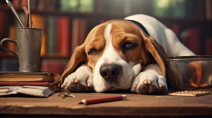 Generative AI : A beagle dog with round glasses is lying on a desk with school supplies. Back to school.