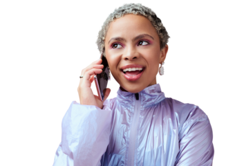 Happy, woman and phone call for communication, fashion news and gossip while isolated on transparent png background. African model, gen z style and mobile conversation for contact, networking or chat