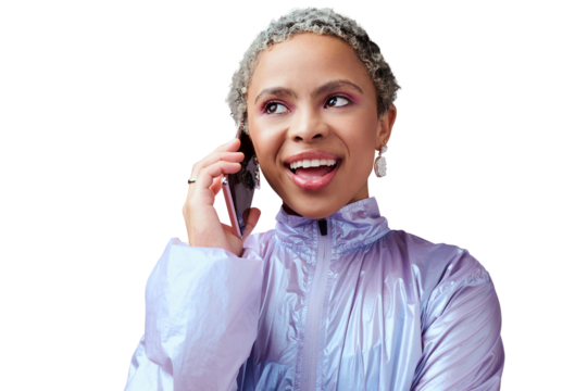 Happy, woman and phone call for communication, fashion news and gossip while isolated on transparent png background. African model, gen z style and mobile conversation for contact, networking or chat - Powered by Adobe