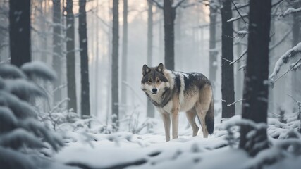 a wolf standing in the middle of a forest in the snow with trees in the background