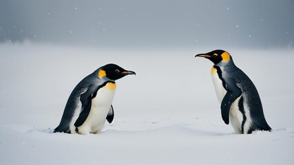 two penguins standing in the snow facing each other with a sky background