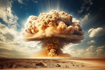 Fototapeta na wymiar Nuclear explosion in the desert. Puffs of sand and ash against the sky. Apocalypse. War. Nuclear threat. Third World War.