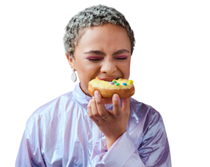 Eating, fashion and woman with a donut cake, hungry and model isolated on a transparent background. African girl, gen z person or dessert with sugar pastry, sweet or snack with funky clothes and png