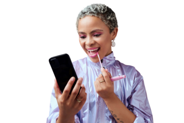 Fashion, smartphone and woman using lipstick, smile and gen z isolated on a transparent background. Happy, influencer and person with beauty, cellphone and cosmetics with makeup, png and self care