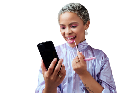 Fashion, smartphone and woman using lipstick, smile and gen z isolated on a transparent background. Happy, influencer and person with beauty, cellphone and cosmetics with makeup, png and self care