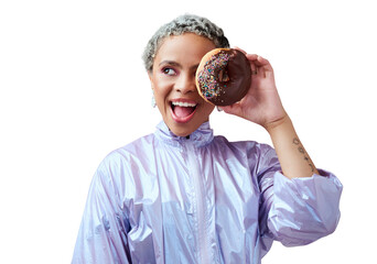Fashion, donut and black woman excited, happy and model isolated on a transparent background....