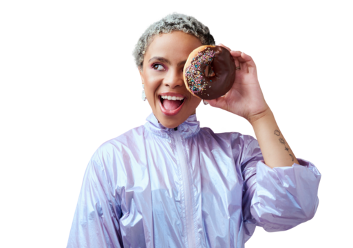 Fashion, donut and black woman excited, happy and model isolated on a transparent background. Smile, female person and girl with a sugar treat, dessert and trendy clothes with png, snack and sweet
