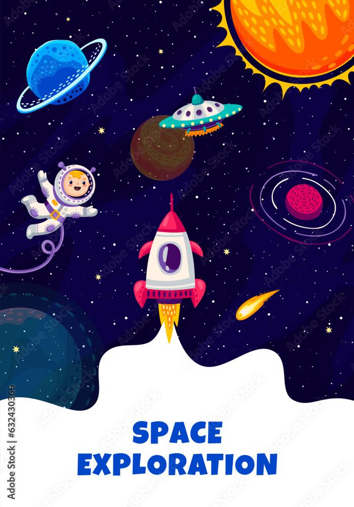 Poster space exploration poster. rocket spaceship launch, kid astronaut character, ufo and galaxy landscape