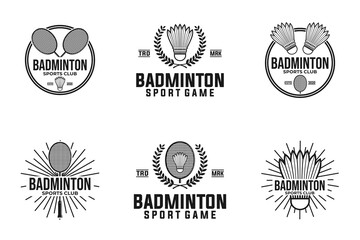 Obraz premium badminton vector graphic template set. illustration collection of sport tournament in badge emblem retro style.