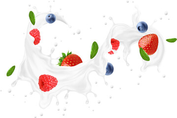 White yoghurt milk swirl splash and berries. Isolated 3d vector realistic dairy product, or cream liquid stream with strawberry, raspberry, blueberry and drops blended into fresh summer cocktail