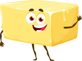 Cartoon butter keto diet food character. Natural nutrition cheerful mascot, healthy food dairy product isolated vector comical character or keto diet piece of butter happy smiling personage