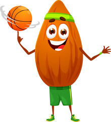 Cartoon almond nut character effortlessly spins a basketball ball on its finger, showcasing playful nature and impressive skills. Isolated vector kernel sportsman personage partaking in sports game