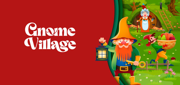 Paper cut banner with cartoon fairytale gnomes at village. Vector 3d scene with fairy dwarfs, hobbits, sprites, pixies or leprechauns in magic forest landscape with little houses and fantasy homes
