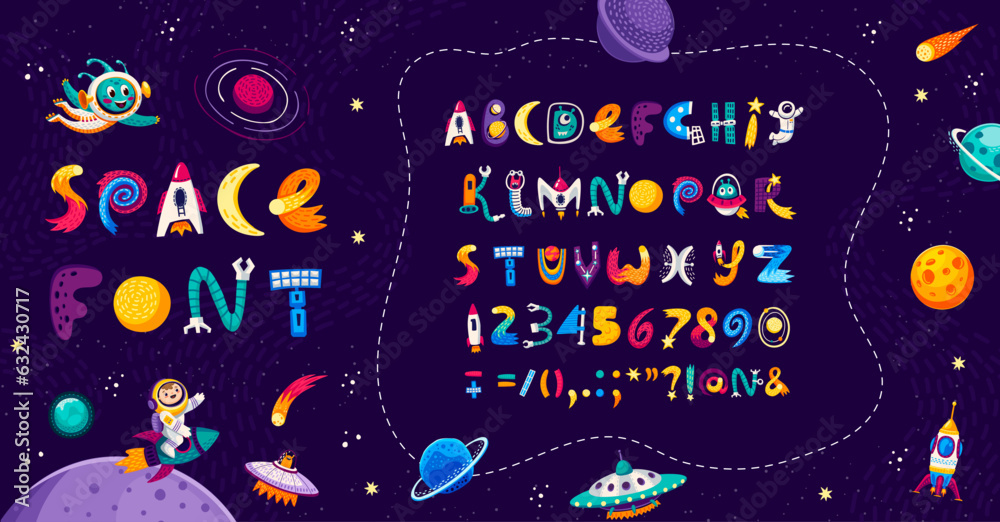 Poster Cartoon space font in english alphabet, universe type and galaxy typeface, vector ABC. Kid typeset font or typography text with spaceman astronaut, planet and rocket or alien UFO and asteroid letters