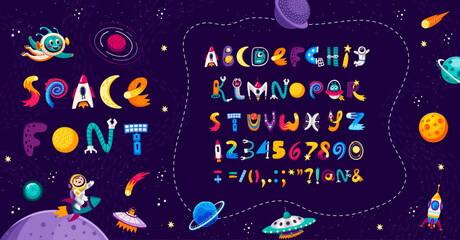 Cartoon space font in english alphabet, universe type and galaxy typeface, vector ABC. Kid typeset font or typography text with spaceman astronaut, planet and rocket or alien UFO and asteroid letters © Vector Tradition