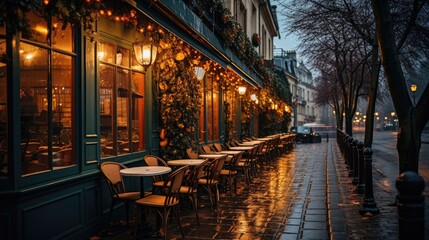 Paris's cozy restaurants and rainy street scenes, capturing the calm and romantic atmosphere of the city. 