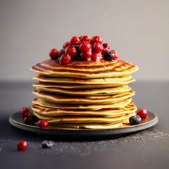 Stack of tasty pancakes with cranberry