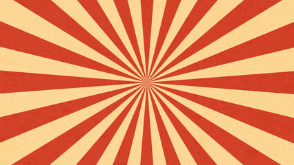 Circus or carnival retro sunlight rays. Vintage background layout, sunbeam burst. Vector backdrop with red and yellow muted radiating stripes creating hypnotic effect, evoking a sense of nostalgia