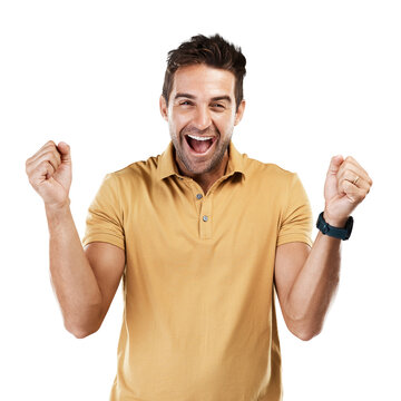 Excited, winning yes and man portrait with celebration and fist for motivation and success sign. Male person, happy and smile from achievement yay and winner isolated on transparent, png background