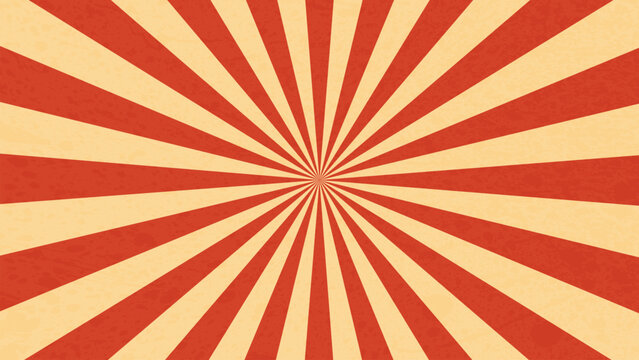 Circus or carnival retro sunlight rays. Vintage background layout, sunbeam burst. Vector backdrop with red and yellow muted radiating stripes creating hypnotic effect, evoking a sense of nostalgia