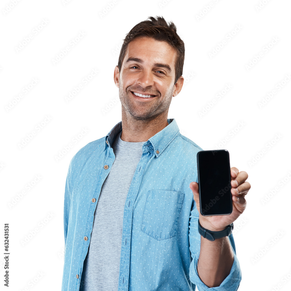 Poster portrait, screen and man with a smartphone, smile and model isolated on a transparent background. ad