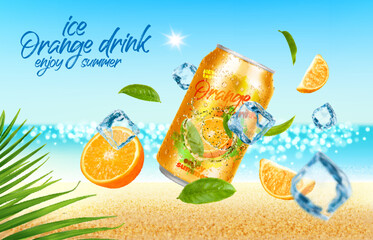 Ice orange drink can with ice cubes, fruit and palm leaves on summer beach. Vector promo banner with refreshment mix to quench your thirst and cool down under the scorching sun, tropical paradise vibe