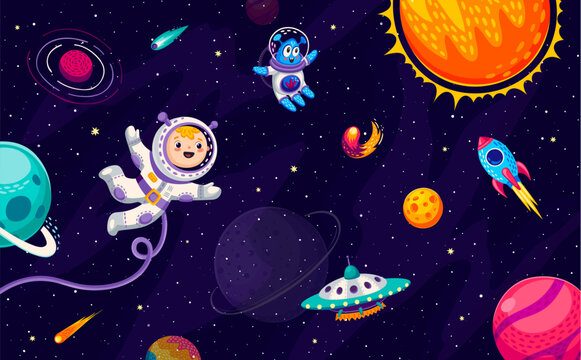 Cartoon kid astronaut, alien, ufo and rocket at galaxy space. Vector little boy cosmonaut character exploring the vast expanse of the Universe, floats among planets and encounters shuttle or starship