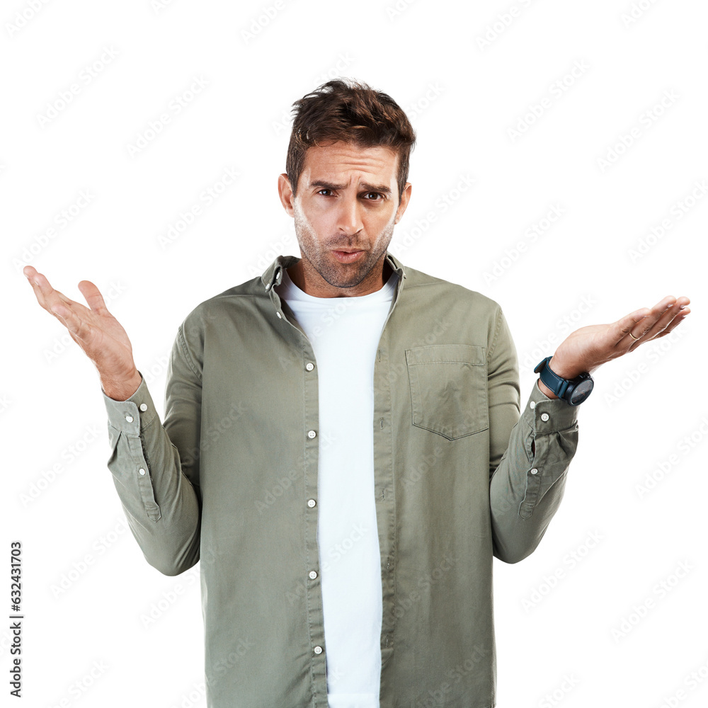 Poster portrait, shrug and man with doubt, confused and model isolated on a transparent background. express