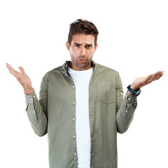 Portrait, shrug and man with doubt, confused and model isolated on a transparent background....