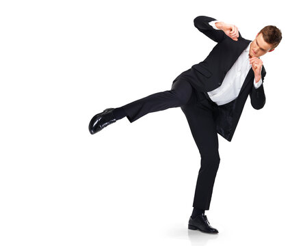 Business man, karate and kick with fight and kickboxing training for spy agent job. Suit, professional and tuxedo with martial arts and workout for career isolated on a transparent, png background