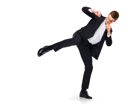 Business man, karate and kick with fight and kickboxing training for spy agent job. Suit, professional and tuxedo with martial arts and workout for career isolated on a transparent, png background