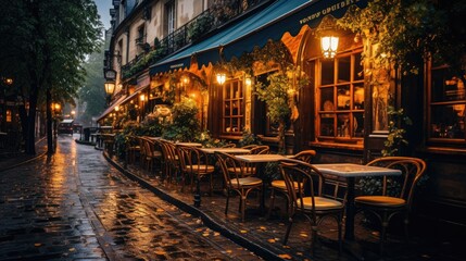 Paris's cozy restaurants and rainy street scenes, capturing the calm and romantic atmosphere of the city. Generative AI