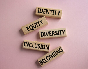 Identity Equity Diversity Inclusion Belonging symbol. Concept words Identity Equity Diversity Inclusion Belonging on wooden blocks. Beautiful pink background. Business concept