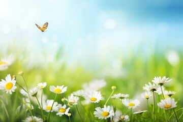 art abstract summer background or spring background with fresh grass and wild chamomile flowers, Generative AI