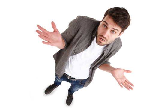 Confused, shrug and above man portrait with why on isolated, transparent and png background. Top view, face and guy model with doubt, questions or choice, decision and whatever, emoji or dont know
