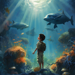 Boy Amidst Sharks and Fishes Underwater portrait art vector