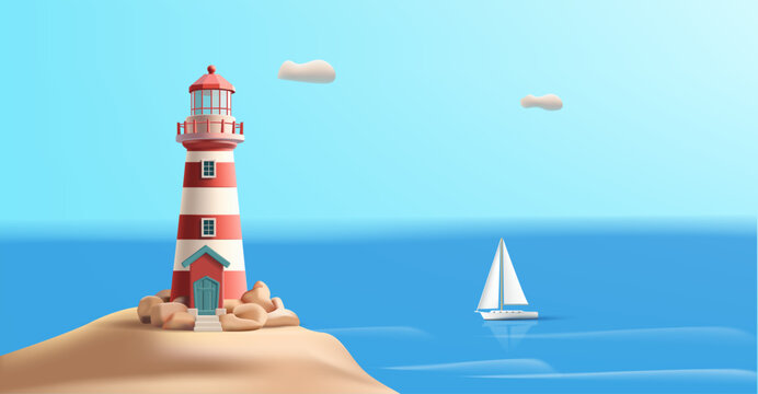 3d render illustration of a lighthouse on an island with rocks and trees around it and sea with boat