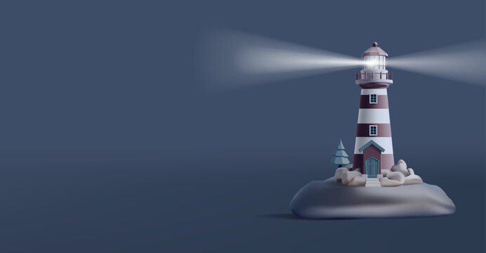 3d render illustration of a lighthouse on an island in the sea at night with beacon shining and navigating the route