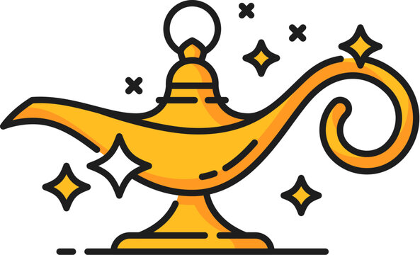 recommend clip art: Magic lamp, witchcraft and magic icon. Vector linear enchanting and mystical Aladdin lantern holds untold power and grants wishes. Symbol of possibility and wonder, extraordinary and transformations