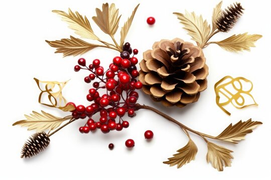 Christmas design element on transparent background holly berry decoration, cones and golden star isolated on a white background, Generative AI