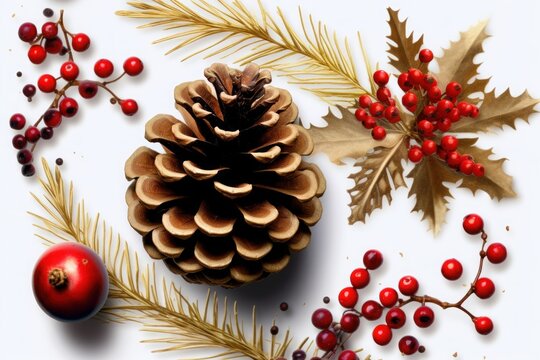 Christmas design element on transparent background holly berry decoration, cones and golden star isolated on a white background, Generative AI