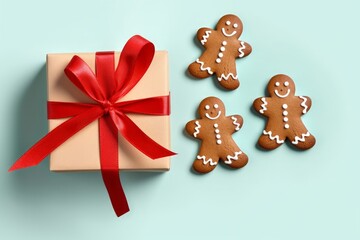 Christmas composition with Isolated Christmas Gift box, sweet candy, ginger men with real transparent shadow on transparent background . Flat lay, top view, Generative AI