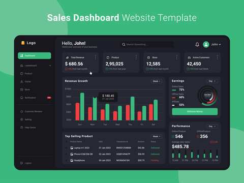 EPS Sales Dashboard Website Templtae Full Editable and vector (Dark Mode)