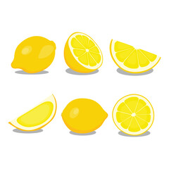 Vector illustration sets of yellow lemon in cartoon style. Lemon fruit with leaves hanging in branch.  Sliced or cut various parts of citrus lemon orange image. Elements for logo, icon, clipart etc.